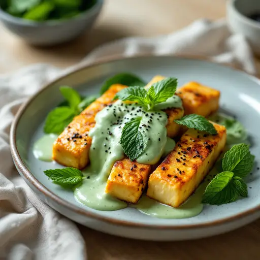 Geräuchertem Tofu mit Minz-Joghurt-Soße (vegan)