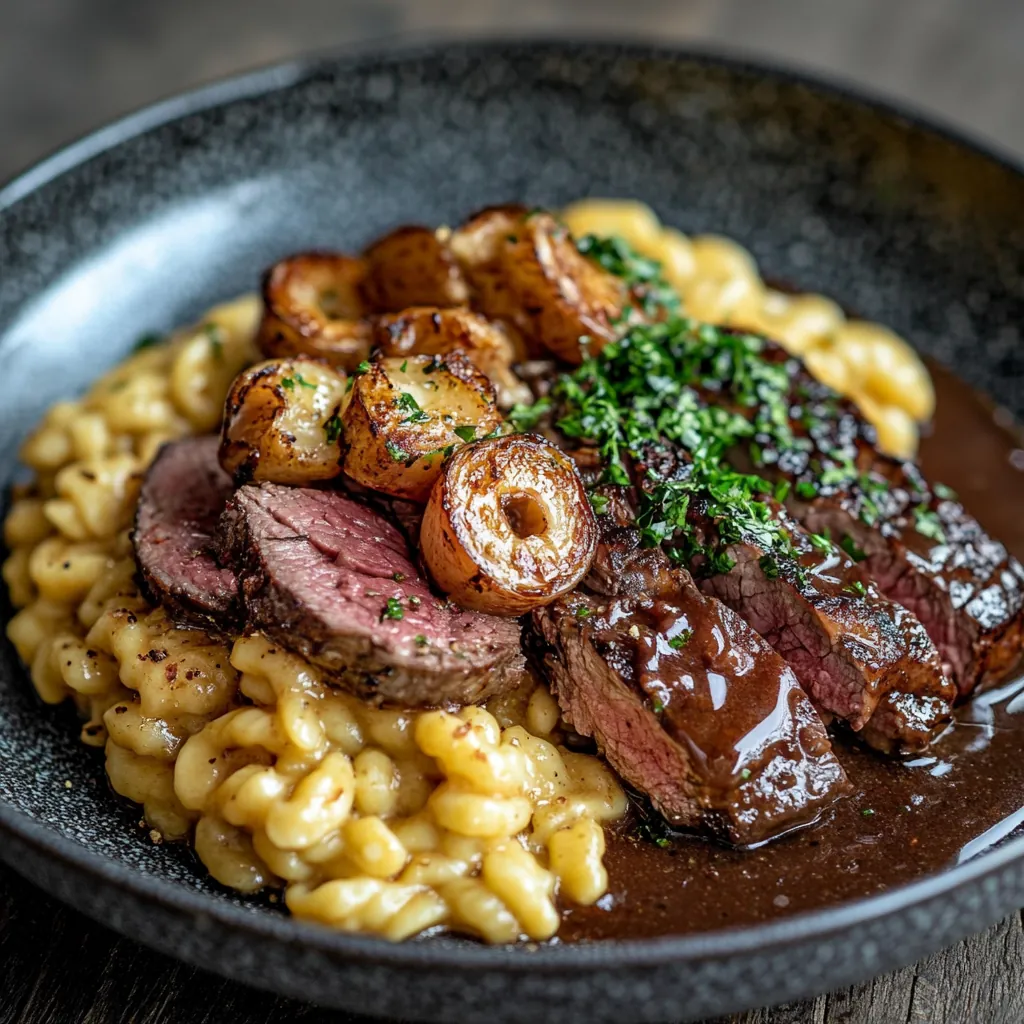Zart rosa gebratener Jägerbraten von der Kalbs-Flanke